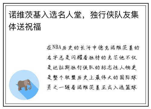 诺维茨基入选名人堂，独行侠队友集体送祝福